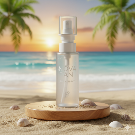 Nova Tan Nasal Spray with modern purple branding – melanin-enhancing peptide tanning spray for deep, lasting glow.
