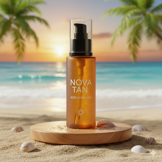 NOVA TAN Intensifying Gel bottle with sleek purple branding on black background – skincare-enhancing tanning accelerator for deeper glow.
